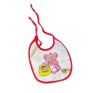 Vintage Doll Bib With Pink Polka-Dot Teddy Bear & Cookie Jar Illustration Red Tr